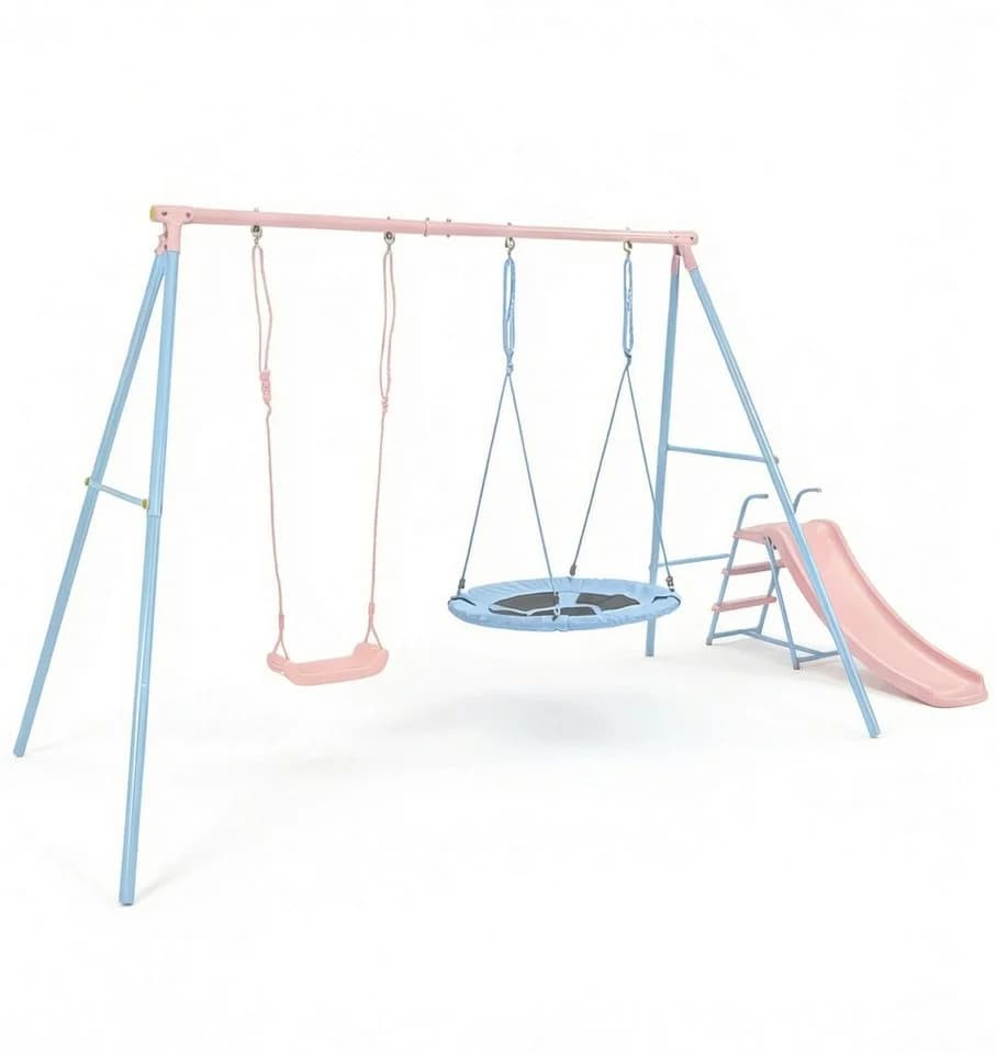 Rolipo Schaukelgestell mit Kinderschaukel, Rutsche & Nestschaukel Blau/Rosa - Bild 2