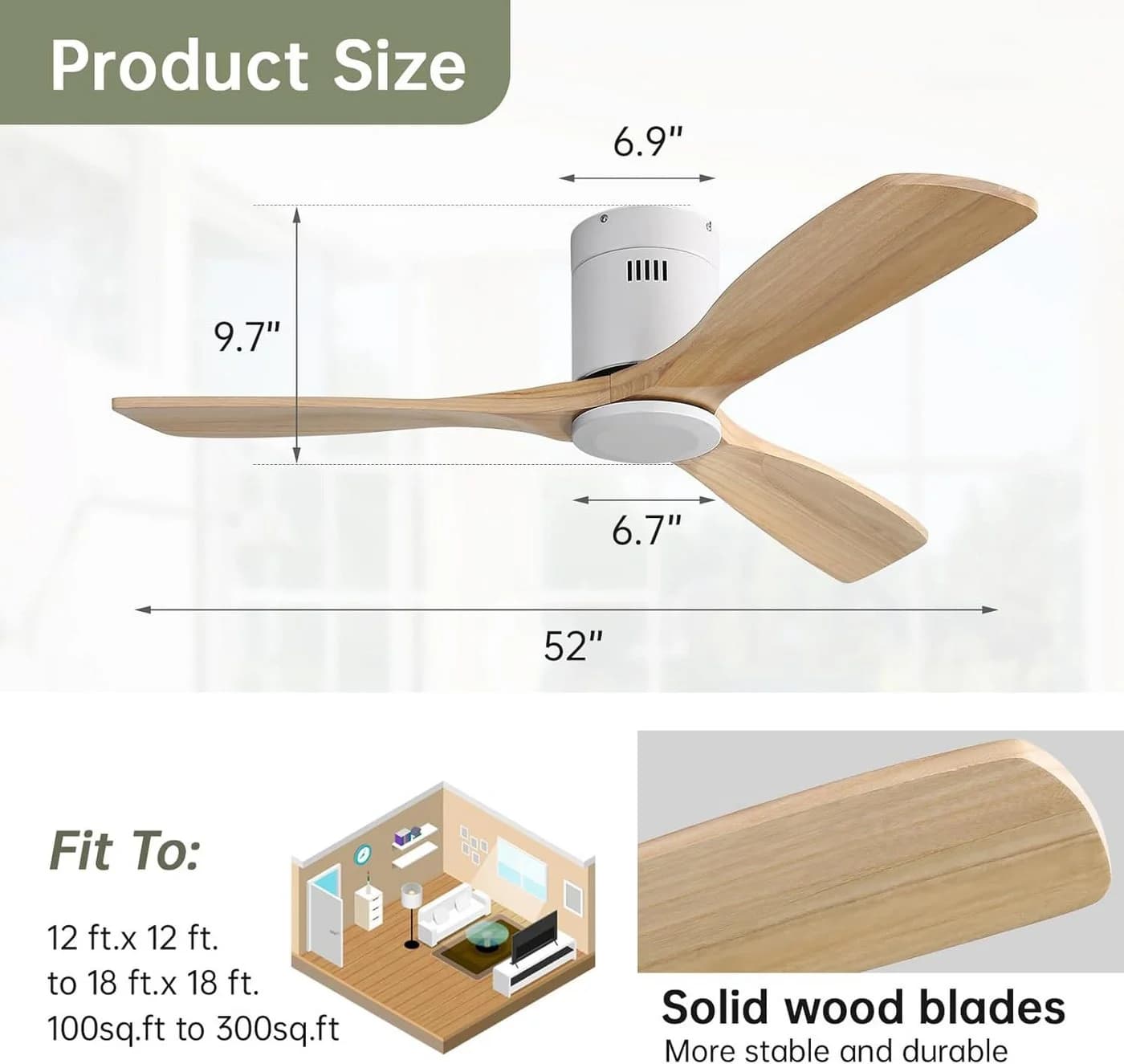Rolipo Deckenventilator 3 Massivholzflügel Schwarz Modern - Bild 5