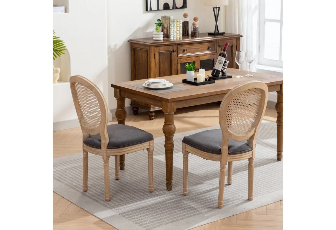 ANYSUN Esszimmerstuhl 2er-Set Französischer Landhausstil Eichenholz Rotin