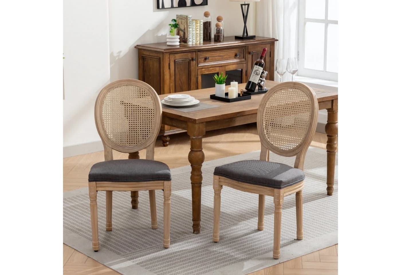 ANYSUN Esszimmerstuhl 2er-Set Französischer Landhausstil Eichenholz Rotin - Bild 2