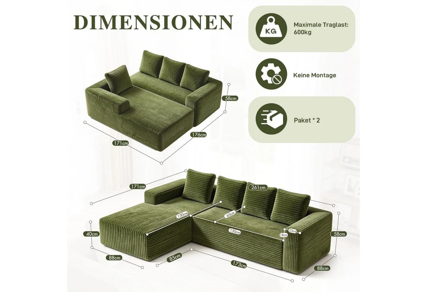 ANYSUN Ecksofa L-Form 4-Sitzer Grün Cordsamt Modern