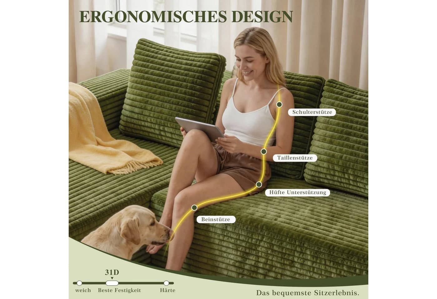 ANYSUN Ecksofa L-Form 4-Sitzer Grün Cordsamt Modern - Bild 5