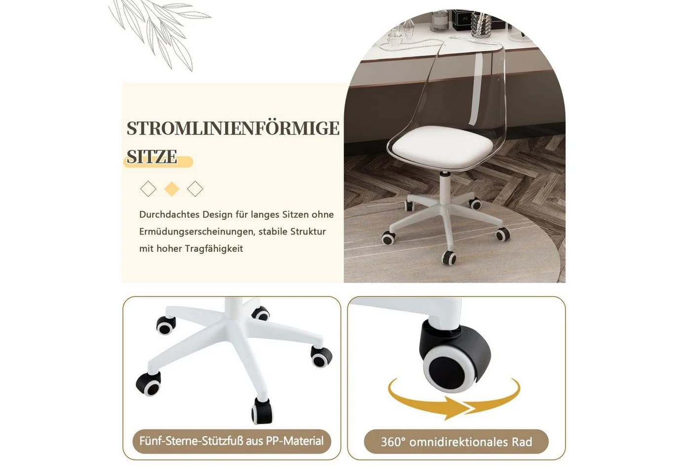 ANYSUN Drehstuhl Bürostuhl mit transparenter Rückenlehne, höhenverstellbar, Kunstleder-Polsterung - Bild 3