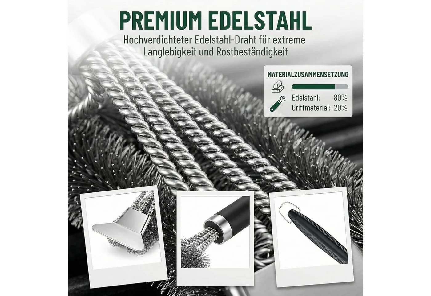 Forrlite Grillbürste Premium Edelstahl 3-in-1 mit Schaber 42 cm