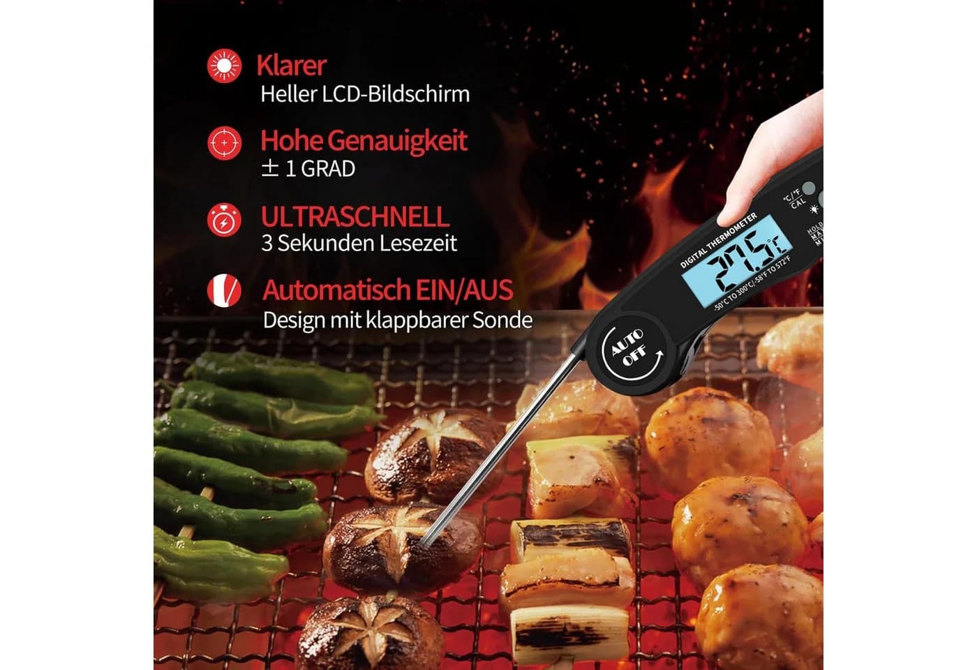 Forrlite Grillthermometer Schwarz LCD Display Edelstahlsonde