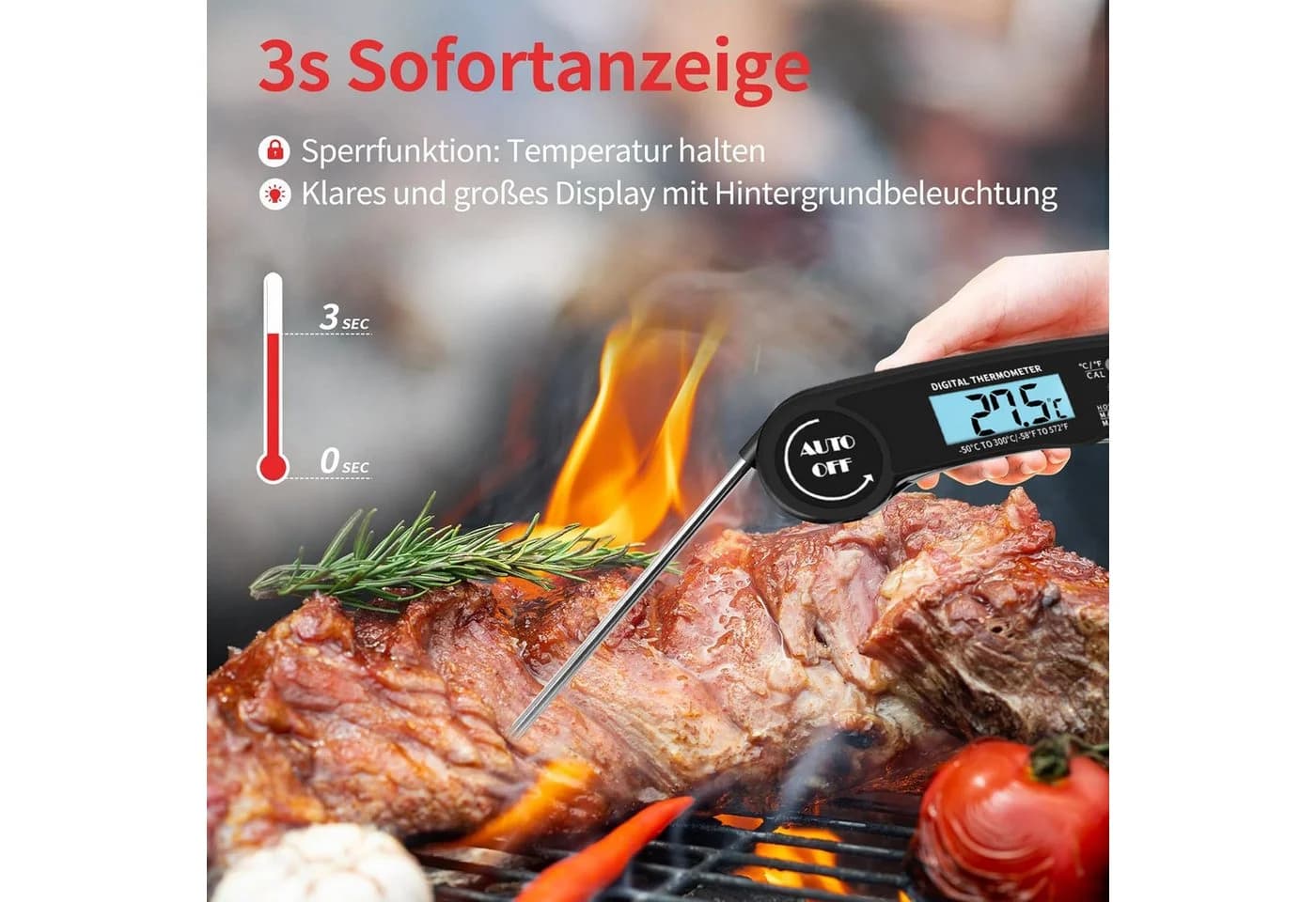 Forrlite Grillthermometer Schwarz LCD Display Edelstahlsonde - Bild 3