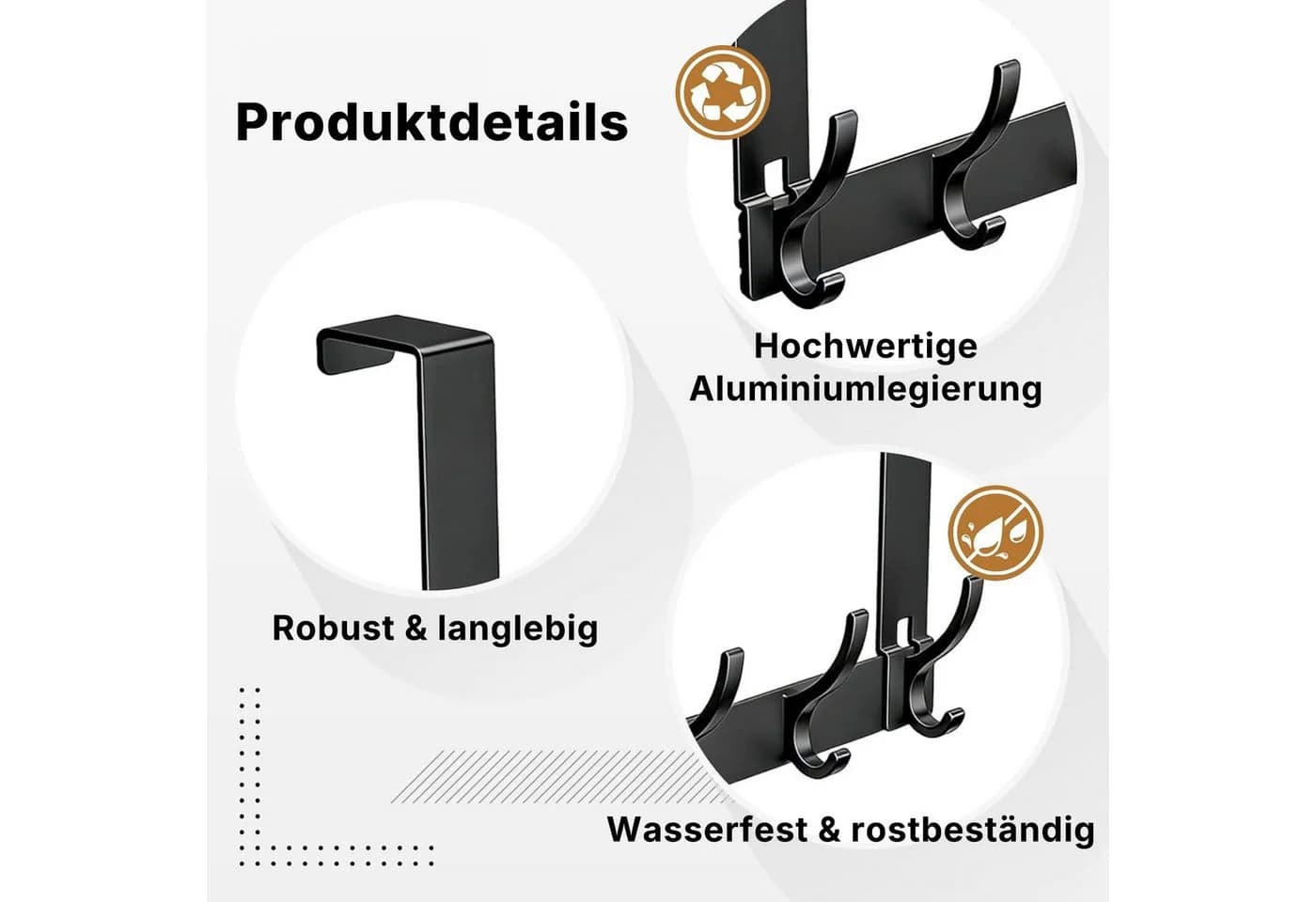 Fyrove Türhaken Türgarderobe 6 Haken Schwarz Ohne Bohren - Bild 5