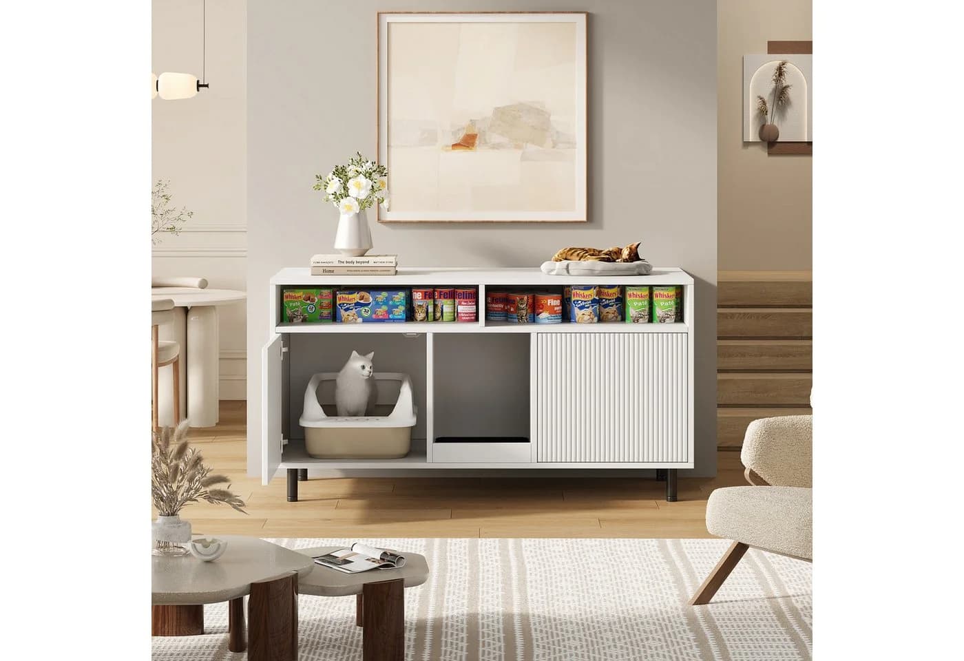 ANYSUN Katzenkloschrank Weiß mit Sandfangmatte und Stauraum