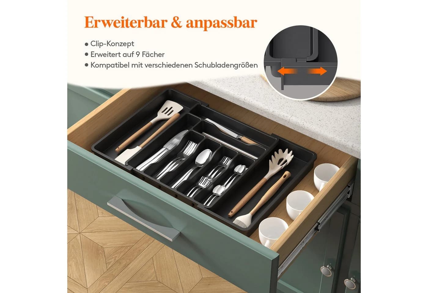 Lifewit Besteckeinsatz Verstellbarer Besteckhalter Kunststoff Schwarz - Bild 4