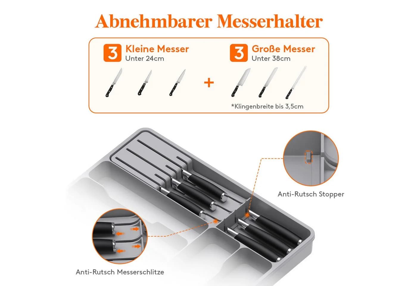 Lifewit Besteckeinsatz Erweiterbarer Besteckkasten mit herausnehmbarem Messerblock Grau - Bild 4