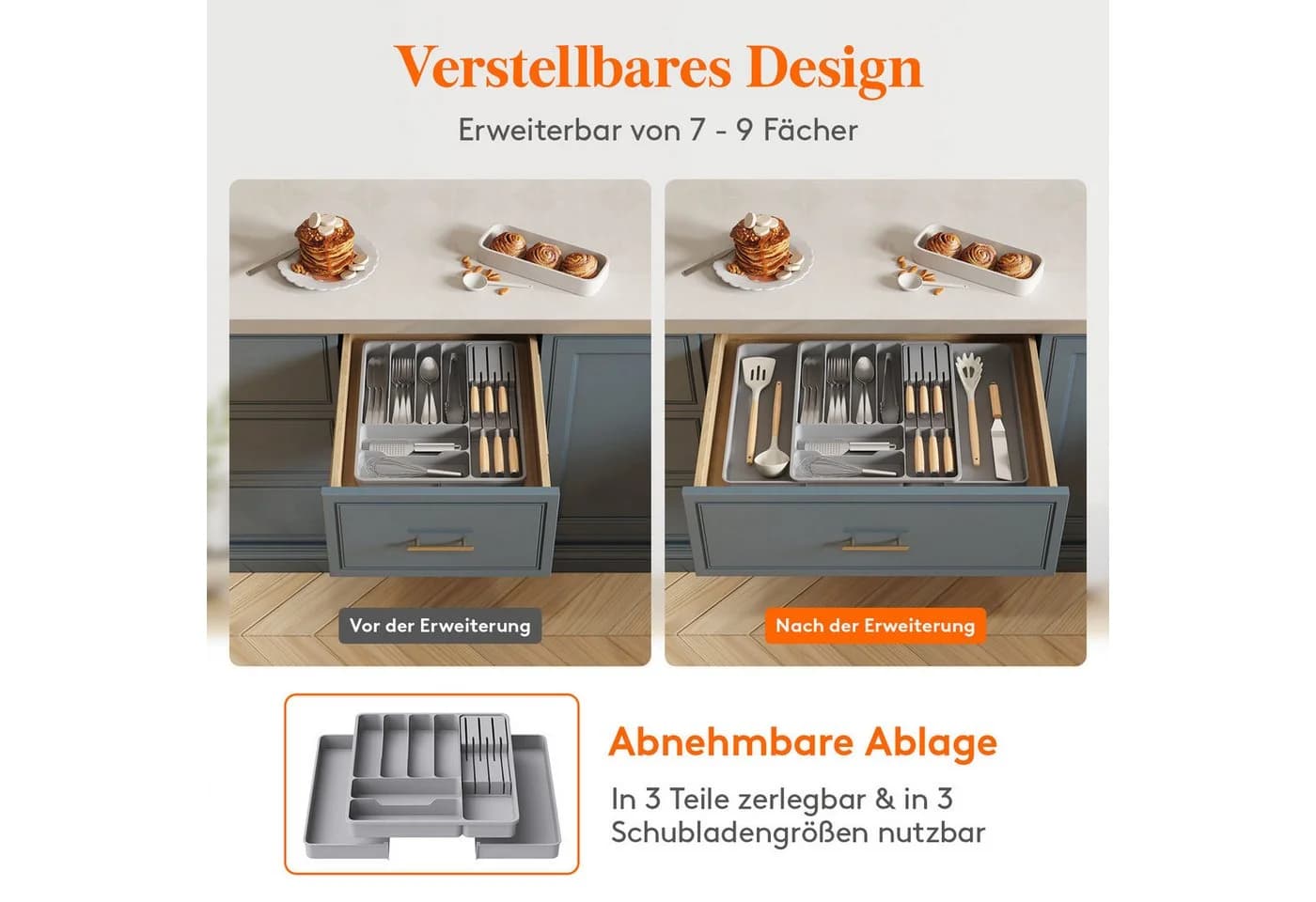 Lifewit Besteckeinsatz Erweiterbarer Besteckkasten mit herausnehmbarem Messerblock Grau - Bild 5