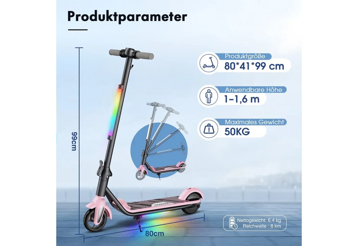 Fanttik Elektro-Kinderroller Kinder faltbarer E-Scooter Rosa LED-Beleuchtung