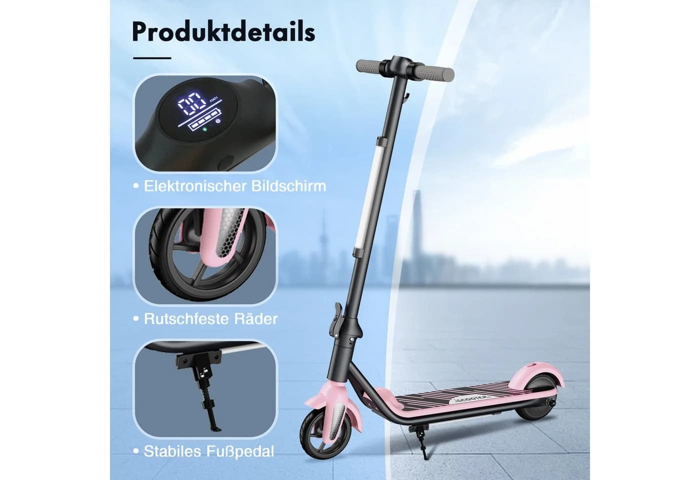 Fanttik Elektro-Kinderroller Kinder faltbarer E-Scooter Rosa LED-Beleuchtung - Bild 4