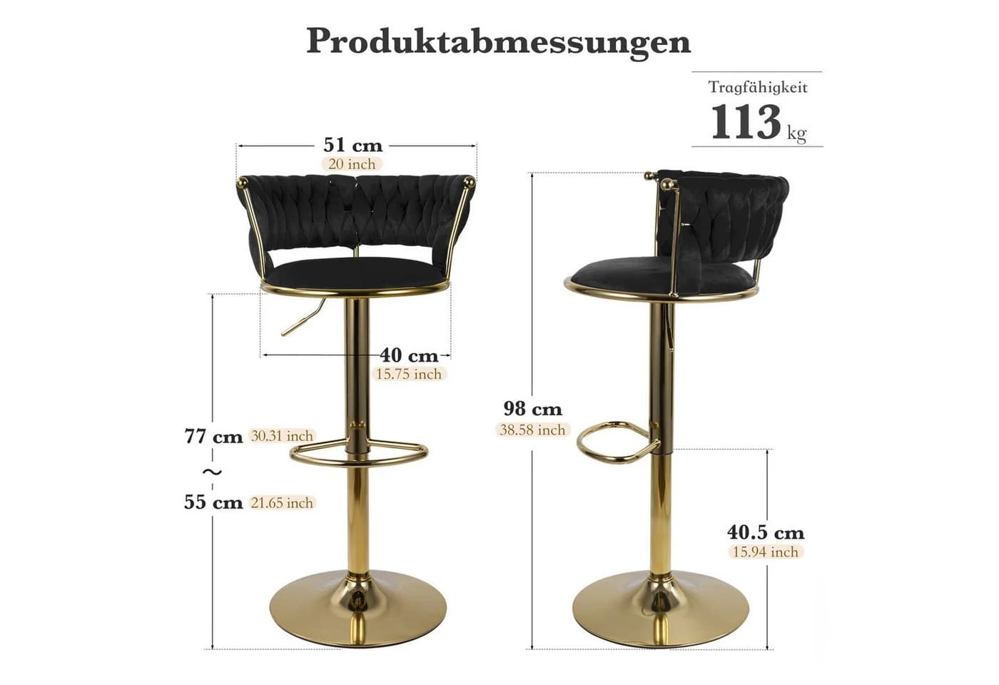 HawthyHome Barhocker mit Rückenlehne und Fußstütze Schwarz Samt