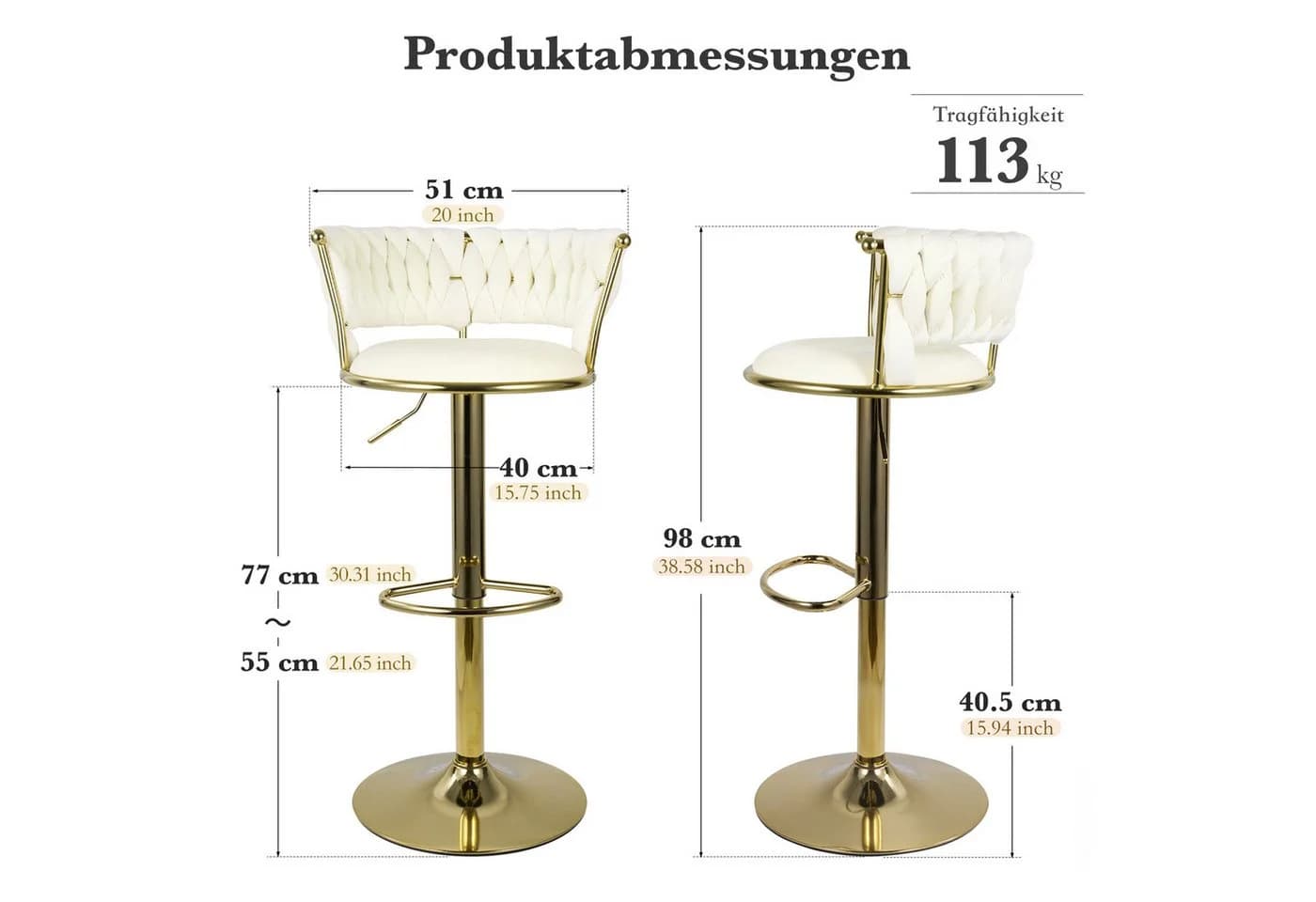 HawthyHome Barhocker mit Rückenlehne und Fußstütze Beige Gold