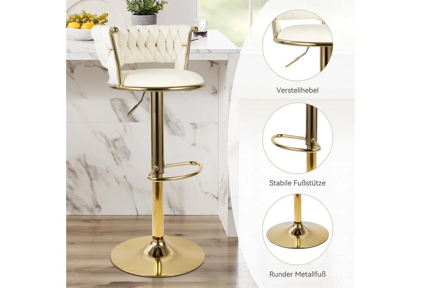 HawthyHome Barhocker mit Rückenlehne und Fußstütze Beige Gold - Bild 4