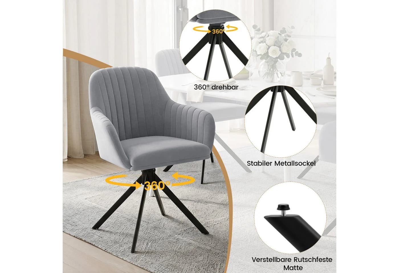 HawthyHome Esszimmerstuhl 2er Set Samt Schwarz mit Armlehne & Metallbeinen - Bild 5