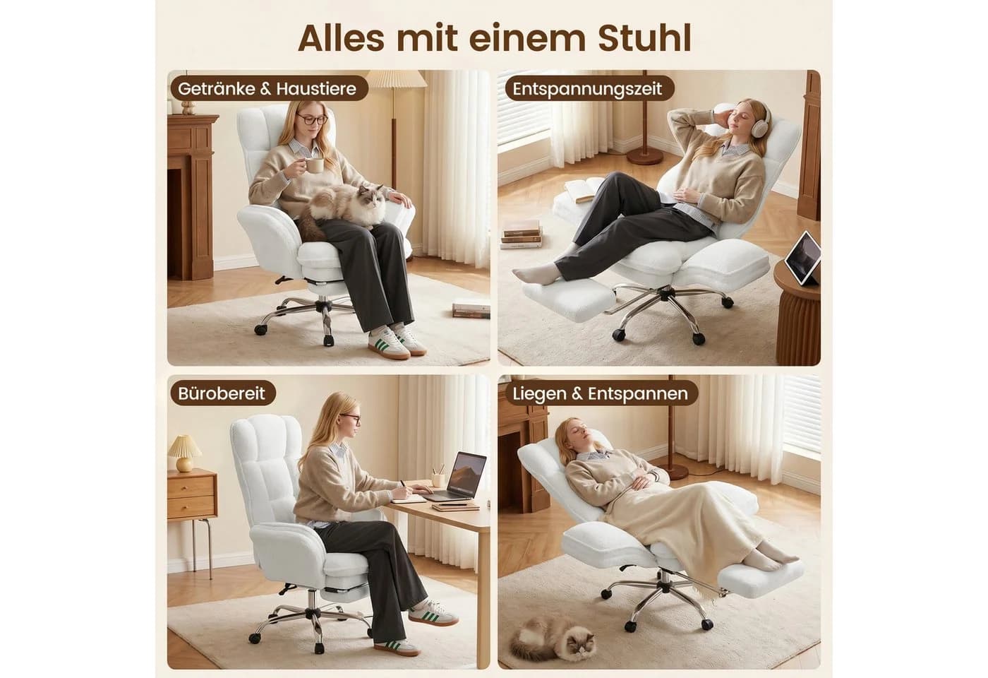 HawthyHome Bürostuhl Teddy-Fleece Cremeweiß mit Fußstütze - Bild 3