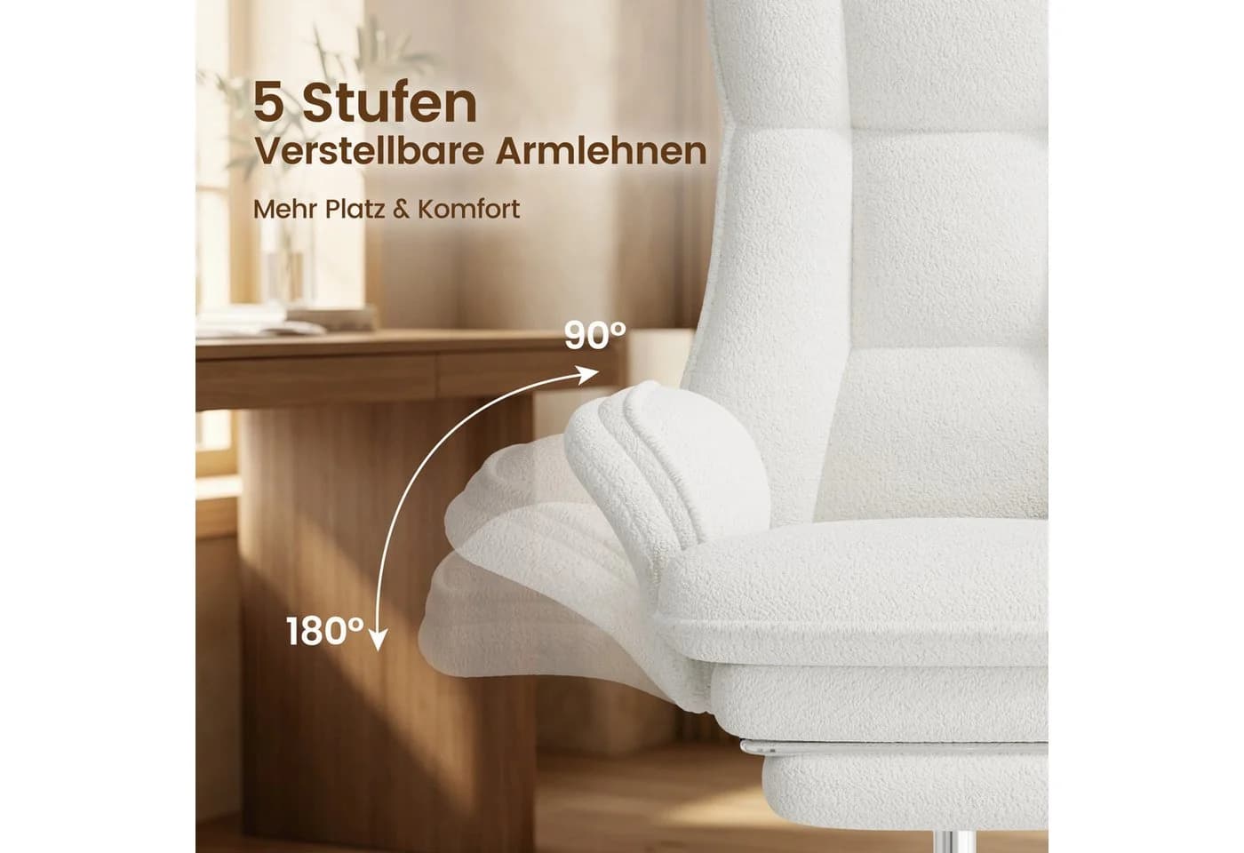 HawthyHome Bürostuhl Teddy-Fleece Cremeweiß mit Fußstütze - Bild 4