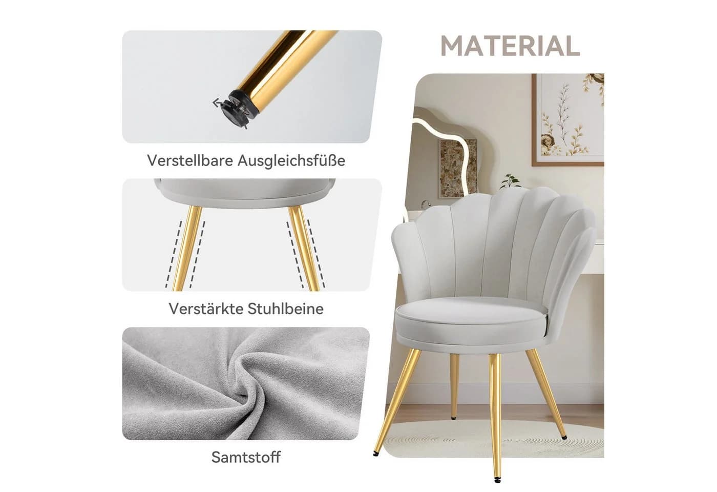 HawthyHome Esszimmerstuhl Samt Grau Metallfüße Rückenlehne Armlehnen - Bild 5