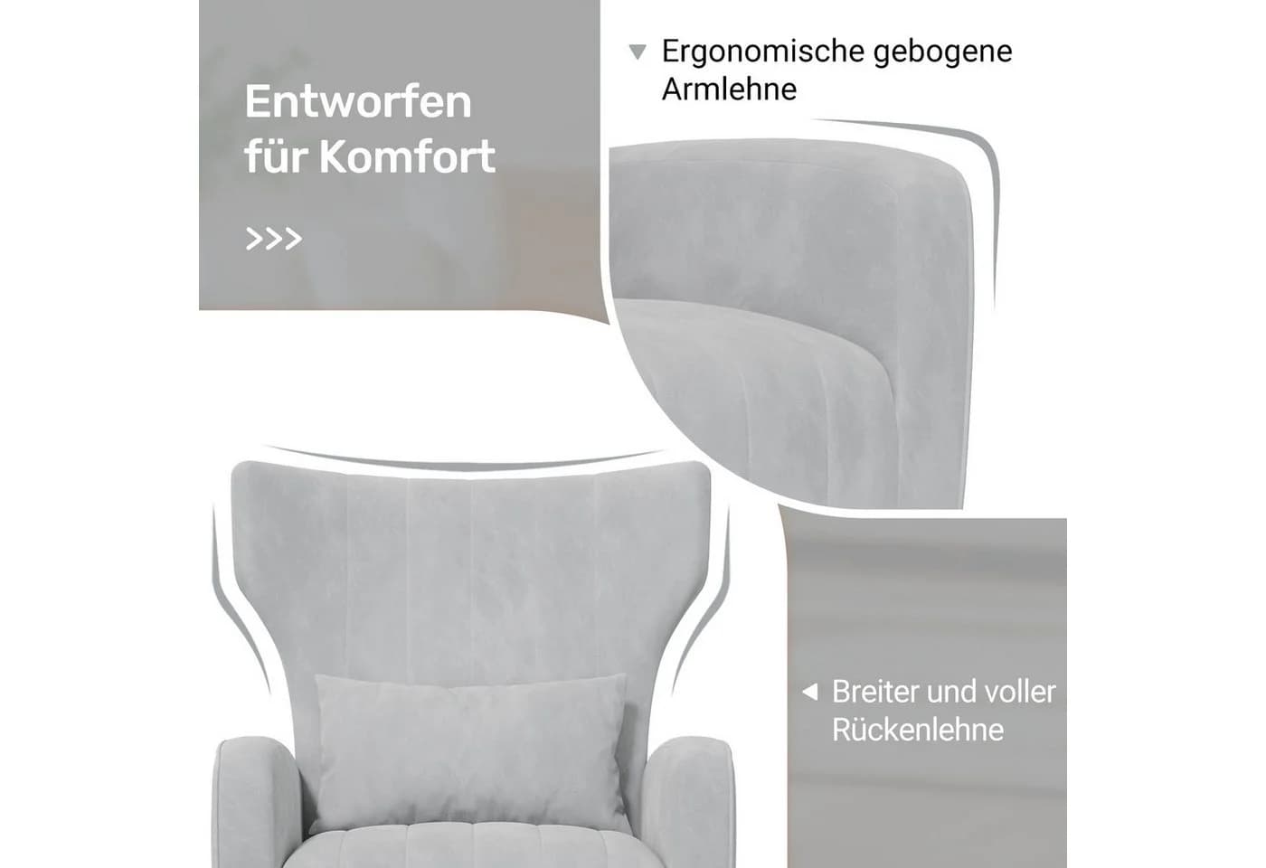 HawthyHome Ohrensessel Moderner Loungesessel Grau Samtbezug - Bild 3