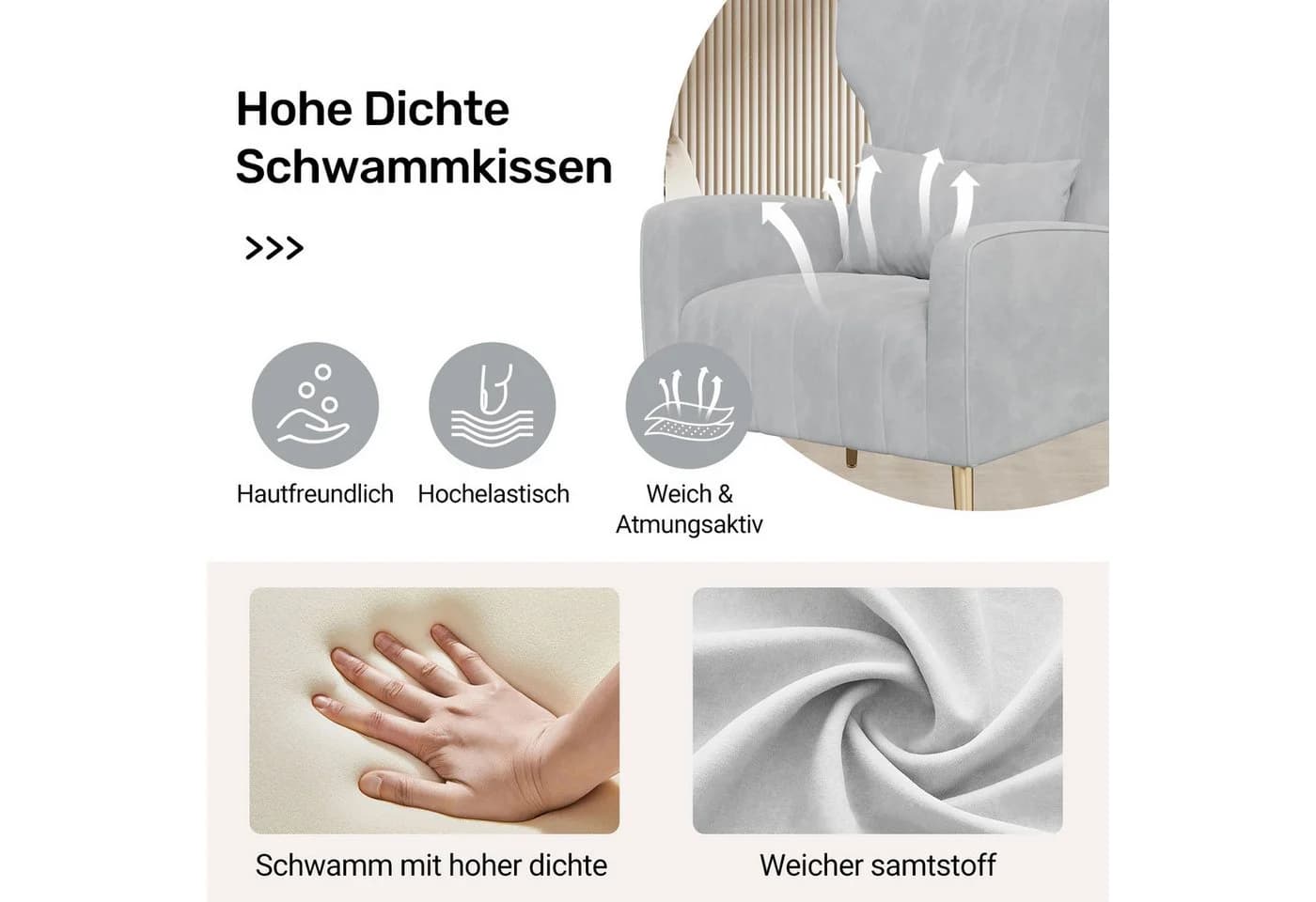 HawthyHome Ohrensessel Moderner Loungesessel Grau Samtbezug - Bild 4