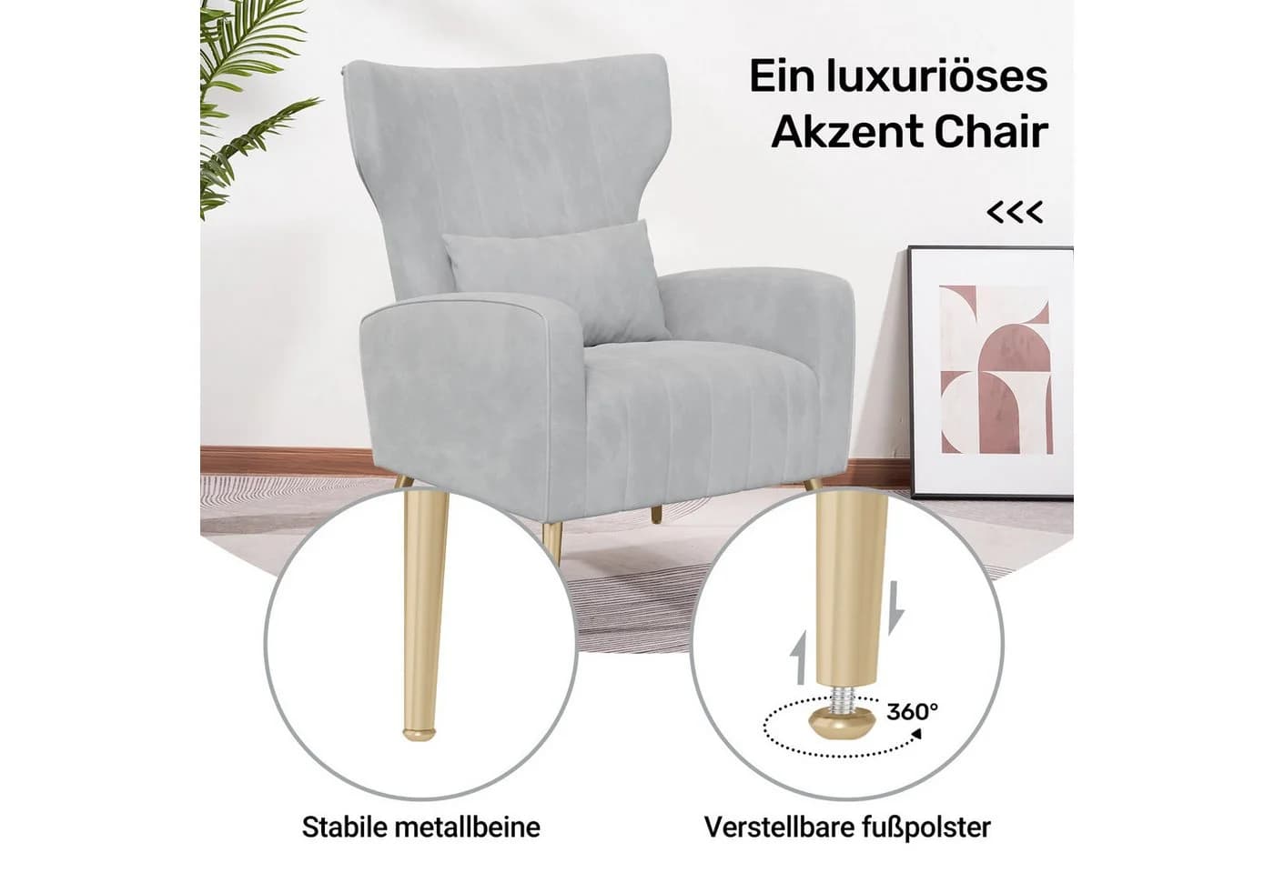 HawthyHome Ohrensessel Moderner Loungesessel Grau Samtbezug - Bild 5