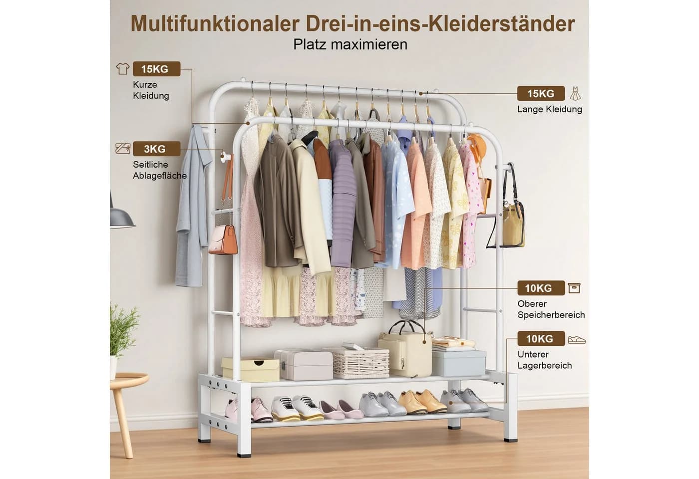 loefme Kleiderständer 3-in-1 Garderobenständer Metall Kleiderstange Schwarz