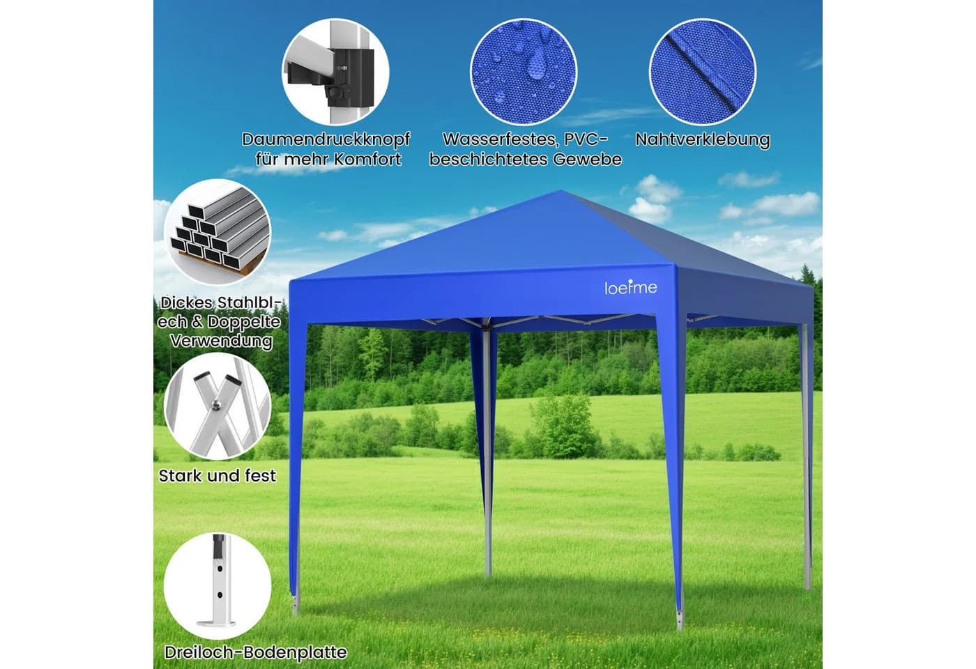 LOEFME Faltpavillon 2,5x2,5m Blau Pop-Up mit Höhenverstellung