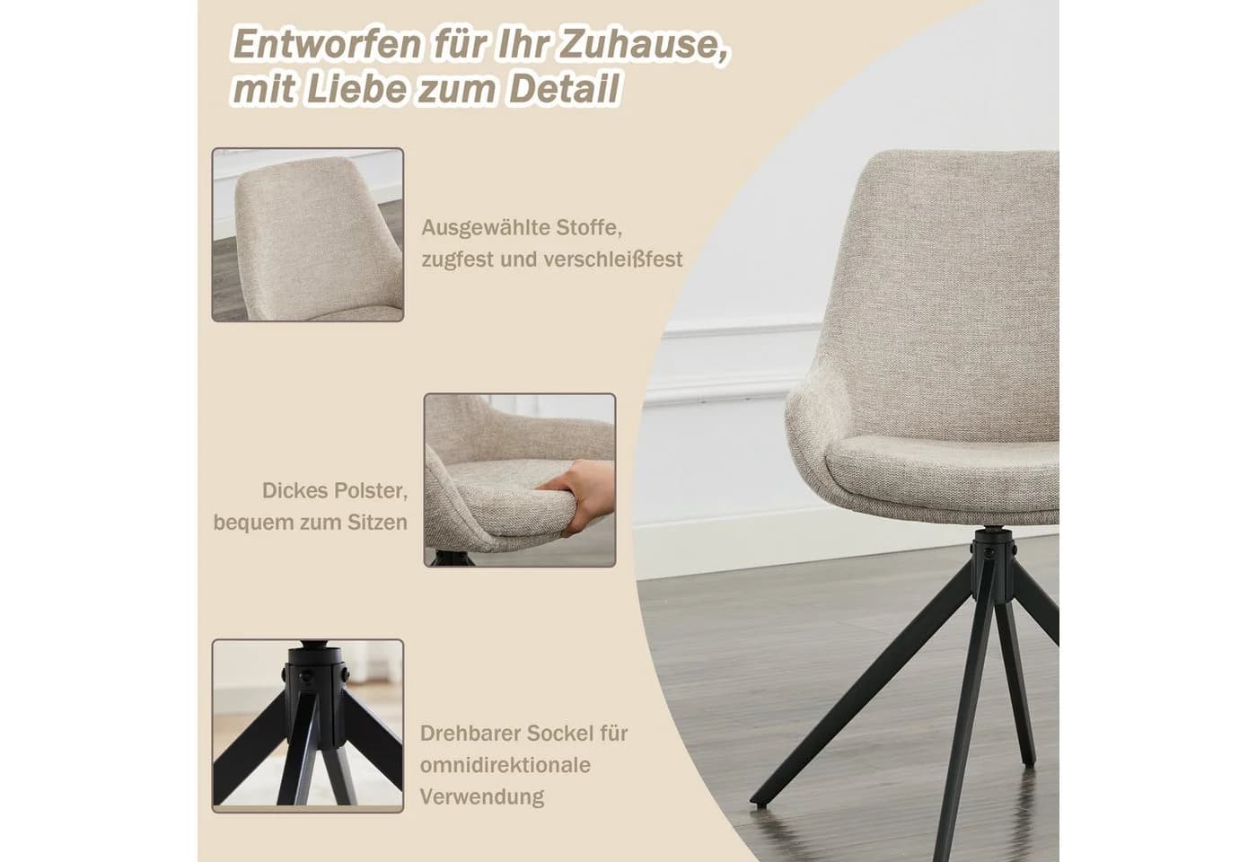 AISALL Polsterstuhl modern drehbar ohne Armlehnen Beige/Braun/Grün - Bild 4