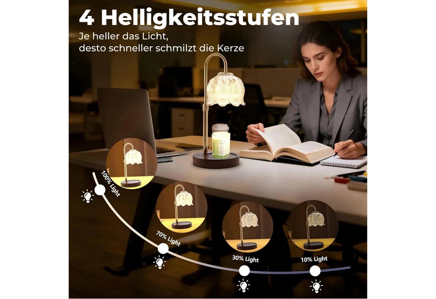 Xruiy LED Nachttischlampe Kerzenwärmer mit Dimmer & Timer, Gold - Bild 3