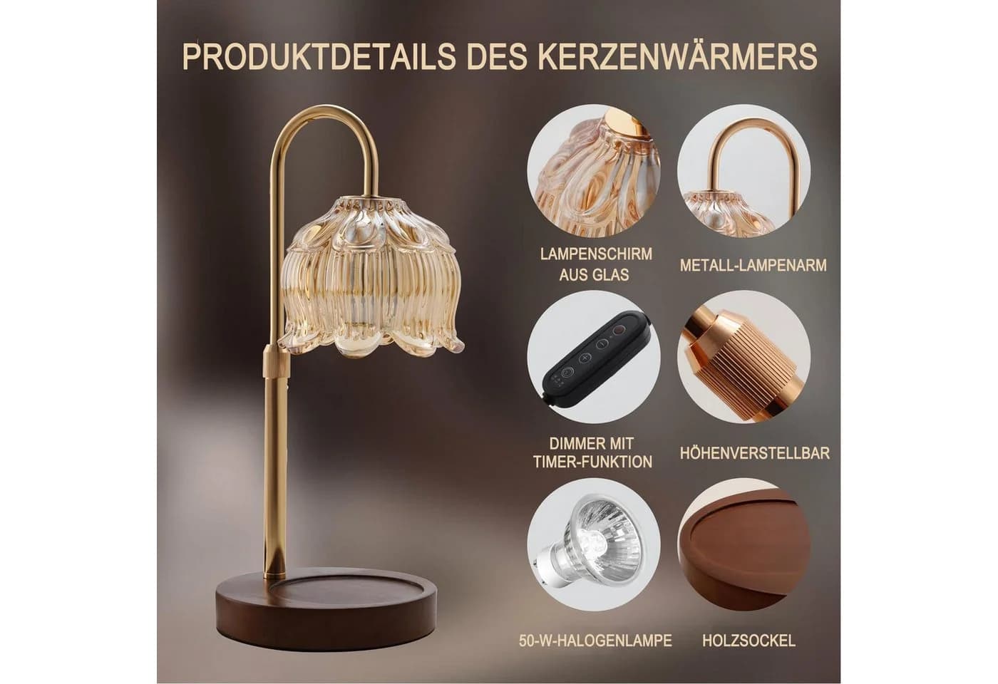 Xruiy LED Nachttischlampe Kerzenwärmer mit Dimmer & Timer, Gold - Bild 4