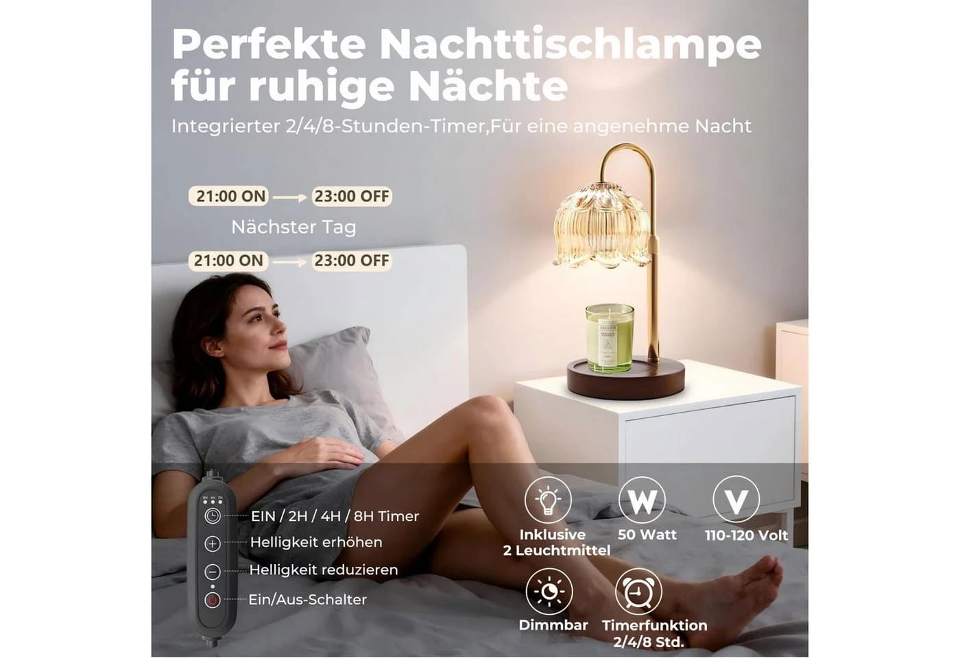 Xruiy LED Nachttischlampe Kerzenwärmer mit Dimmer & Timer, Gold - Bild 5