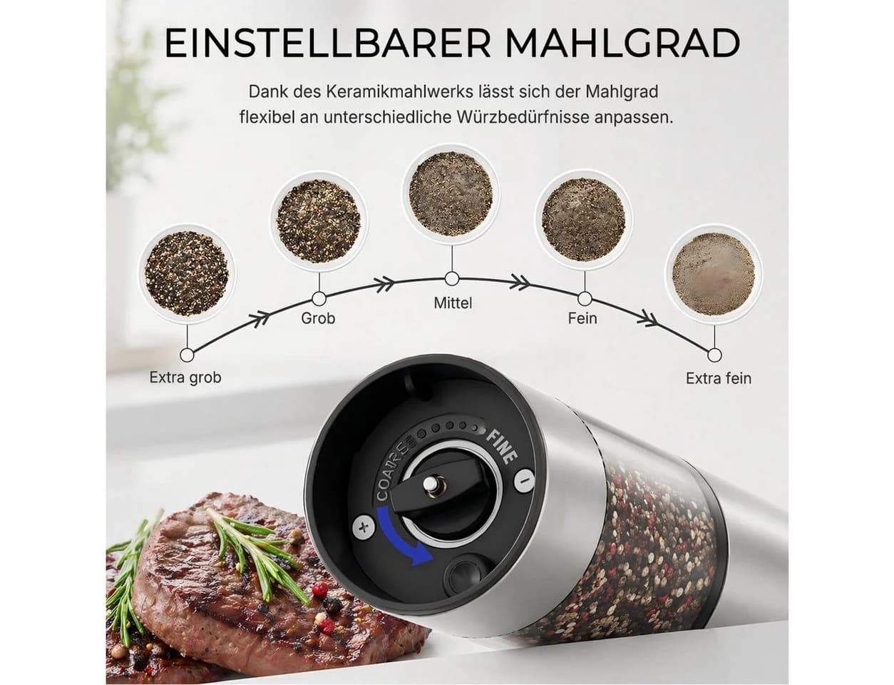 Futicare Elektrische Salz-/Pfeffermühle 2er Set Edelstahl Keramik USB-C LED - Bild 4