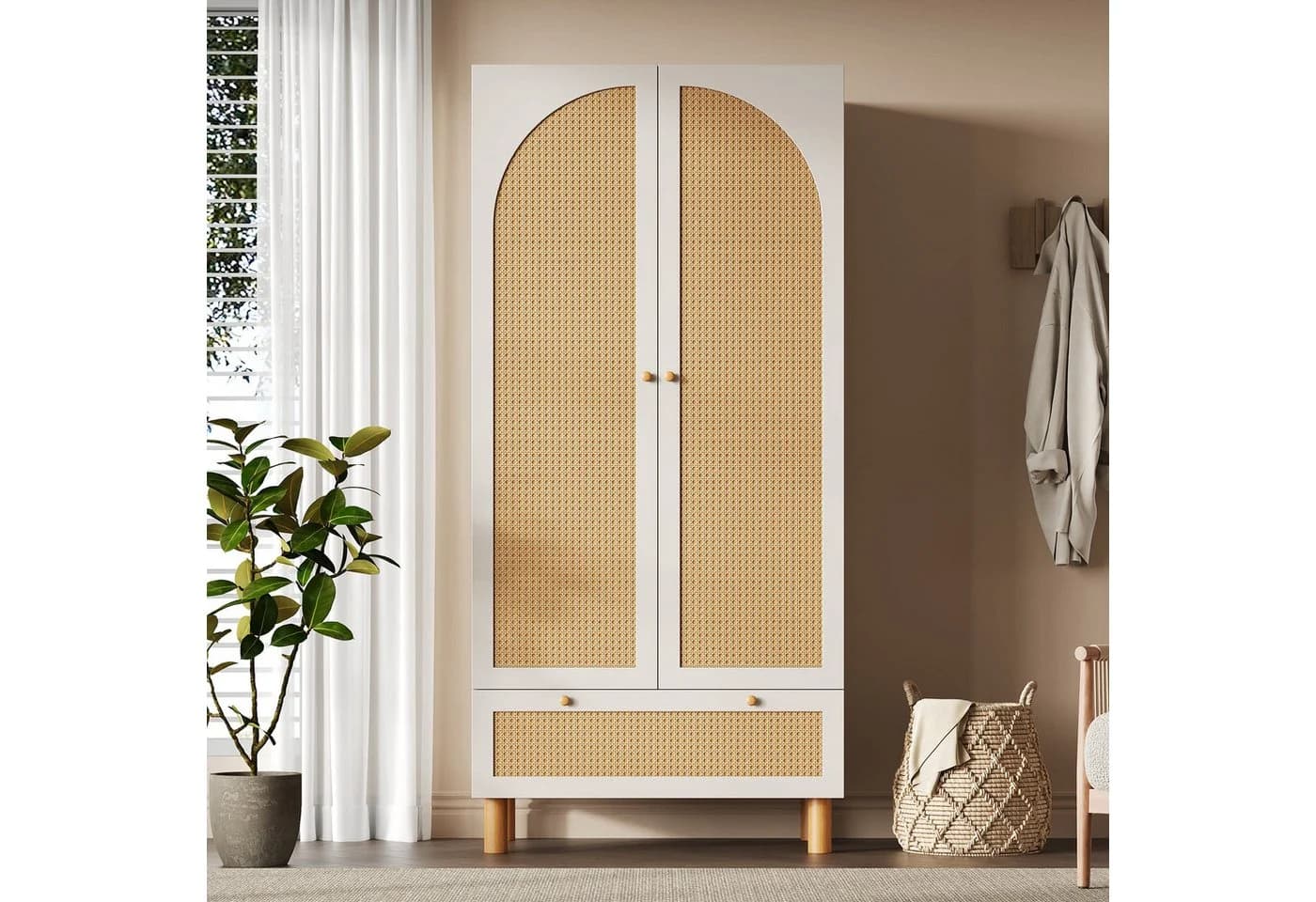 ANYSUN Kleiderschrank Landhausstil Weiß mit Rattan-Akzenten
