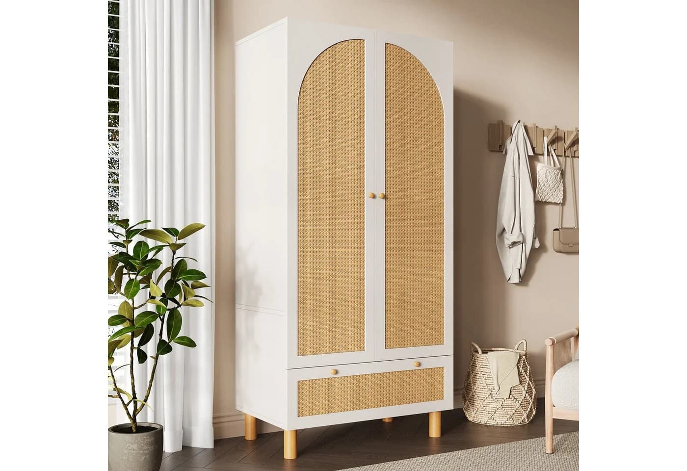 ANYSUN Kleiderschrank Landhausstil Weiß mit Rattan-Akzenten - Bild 3