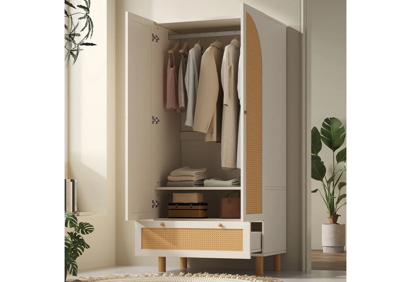ANYSUN Kleiderschrank Landhausstil Weiß mit Rattan-Akzenten - Bild 4