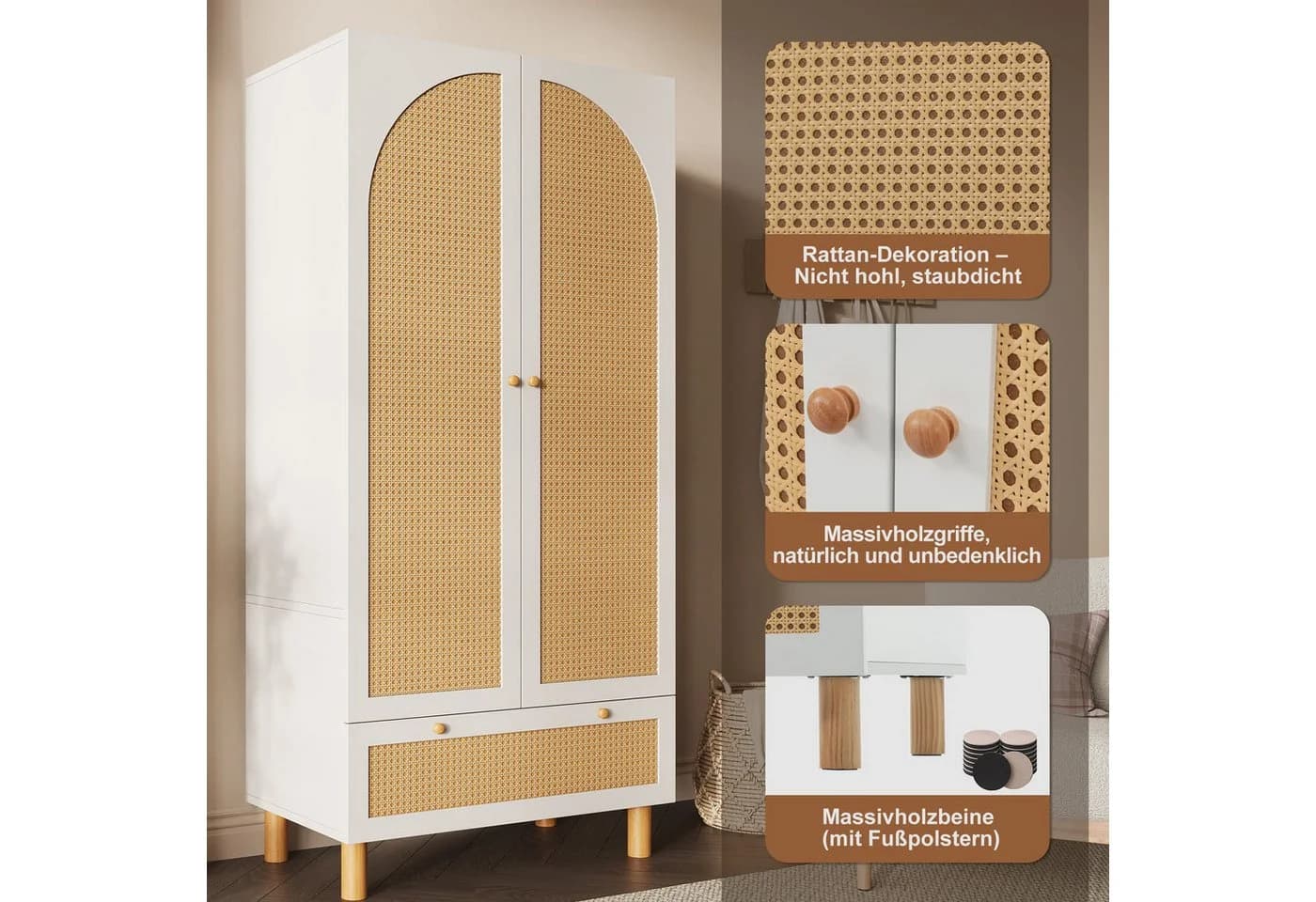ANYSUN Kleiderschrank Landhausstil Weiß mit Rattan-Akzenten - Bild 5