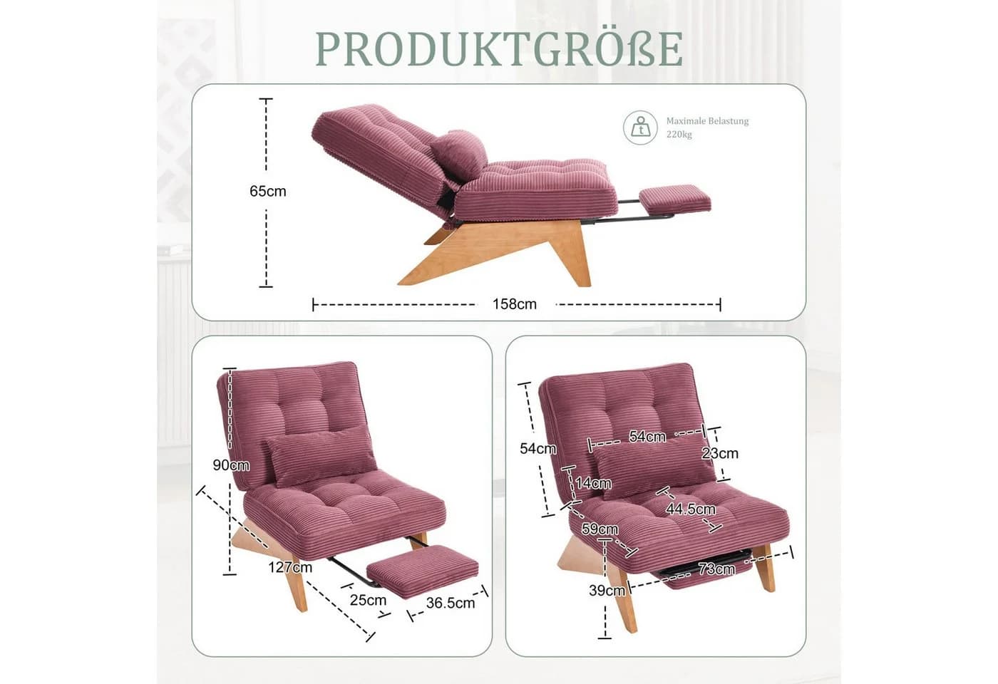 ANYSUN Loungesessel Relaxsessel Kord rot mit Fußstütze & Lendenkissen - Bild 3
