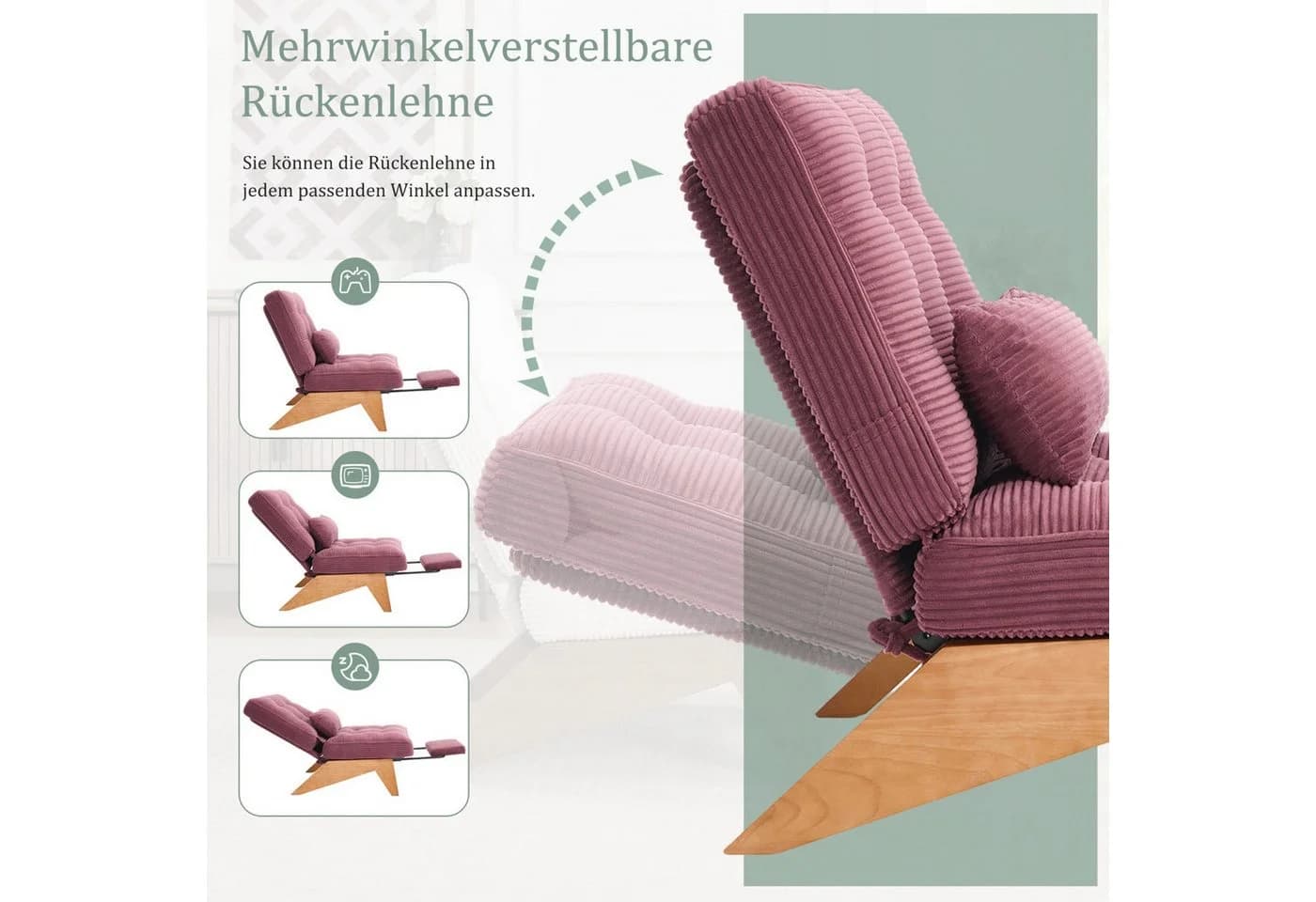 ANYSUN Loungesessel Relaxsessel Kord rot mit Fußstütze & Lendenkissen - Bild 4