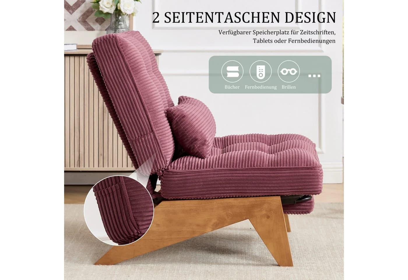 ANYSUN Loungesessel Relaxsessel Kord rot mit Fußstütze & Lendenkissen - Bild 5