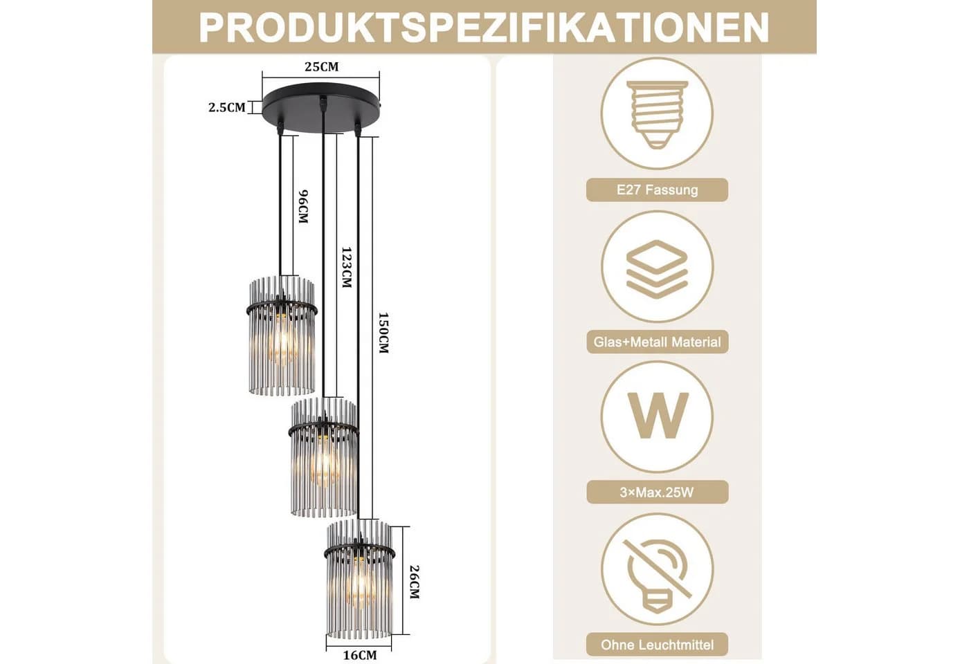 Nettlife Pendelleuchte Retro Gold/Schwarz E27 3-Flammig 16cm - Bild 3