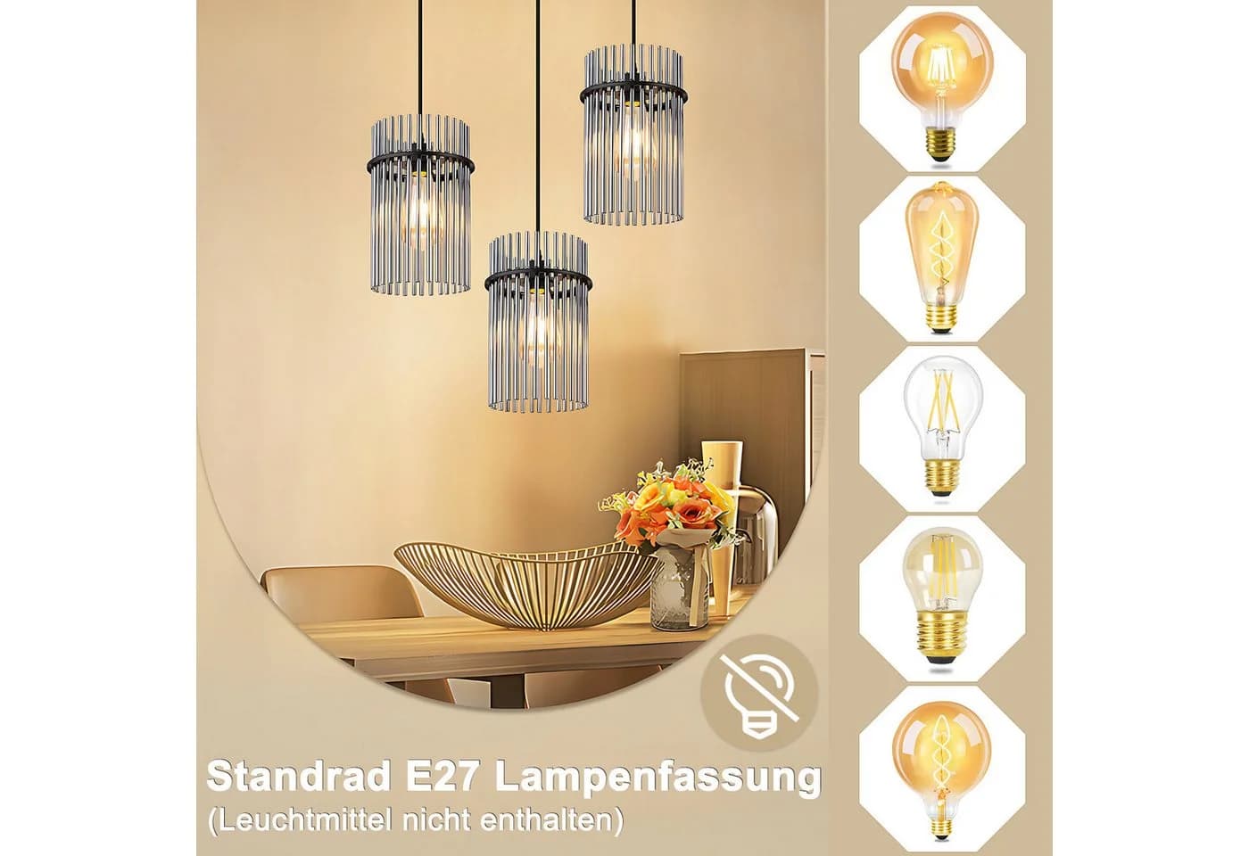Nettlife Pendelleuchte Retro Gold/Schwarz E27 3-Flammig 16cm - Bild 5