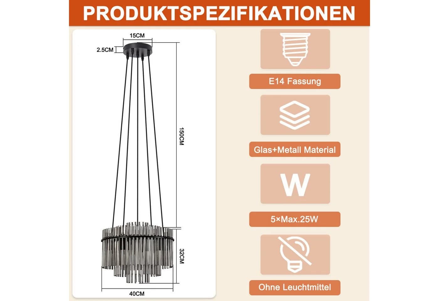 Nettlife Pendelleuchte Retro Gold/Schwarz 5-flammiger Kronleuchter - Bild 3