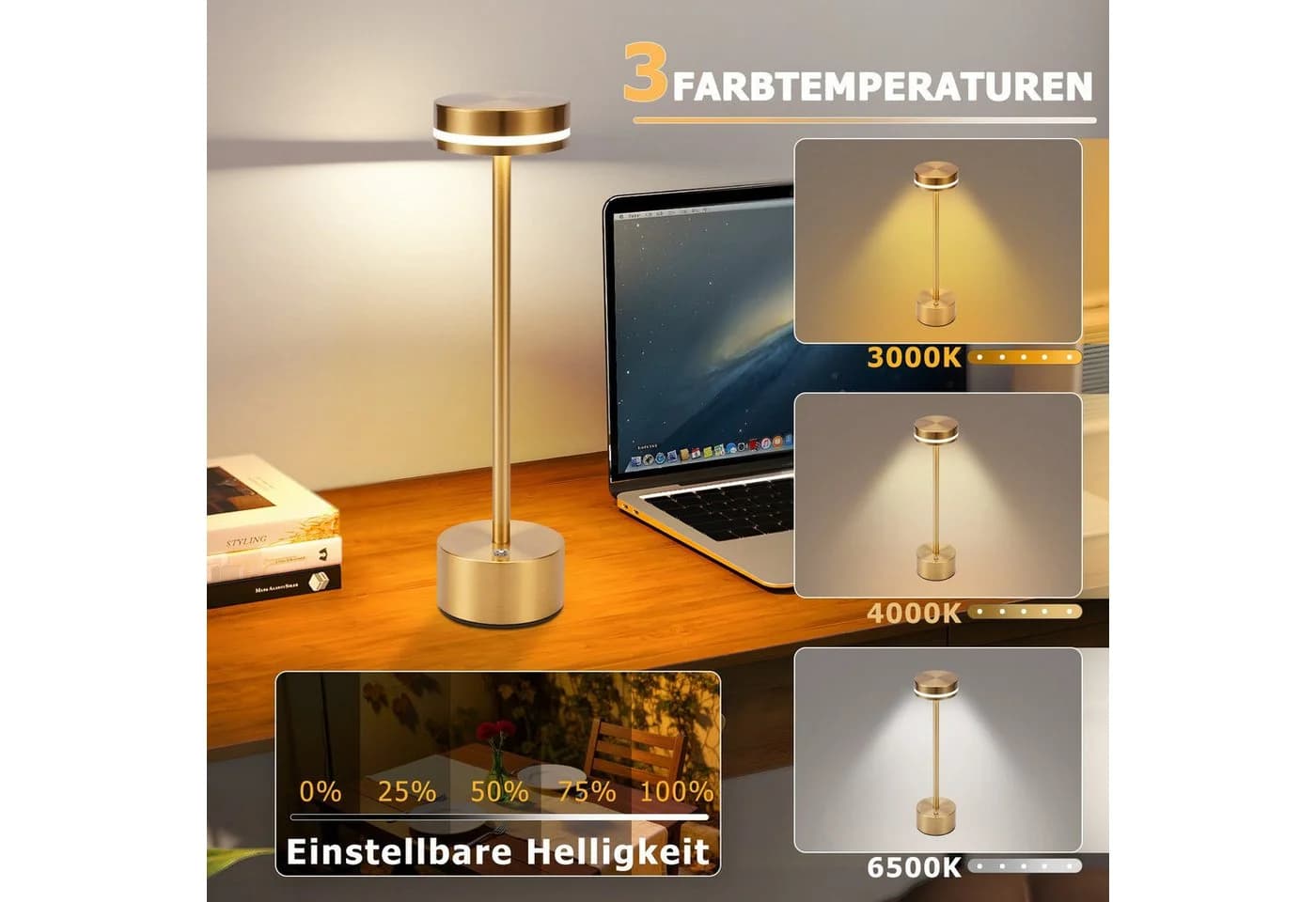 Nettlife LED Tischleuchte Modern Gold/Weiß/Schwarz/Silber Kabellose Nachttischlampe USB-C Touch Dimmbar