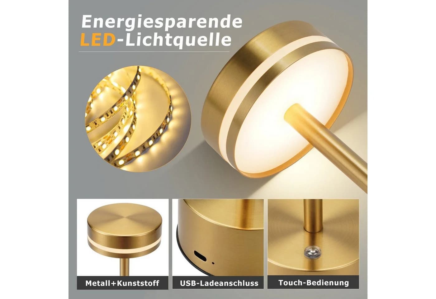 Nettlife LED Tischleuchte Modern Gold/Weiß/Schwarz/Silber Kabellose Nachttischlampe USB-C Touch Dimmbar - Bild 3