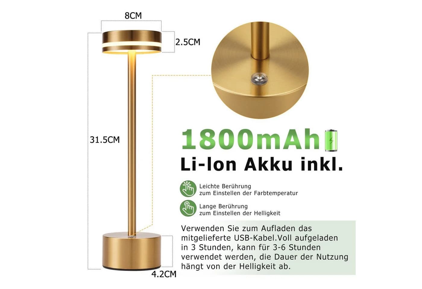 Nettlife LED Tischleuchte Modern Gold/Weiß/Schwarz/Silber Kabellose Nachttischlampe USB-C Touch Dimmbar - Bild 4