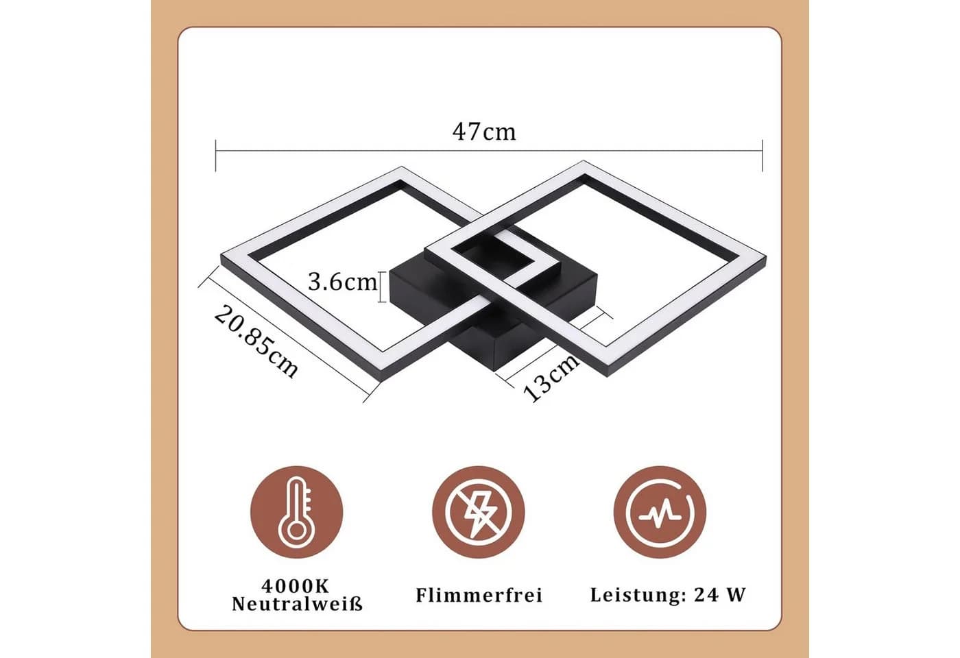Nettlife LED Deckenleuchte Modern Schwarz Eckig Schlafzimmer 24W Metall 4000K - Bild 3