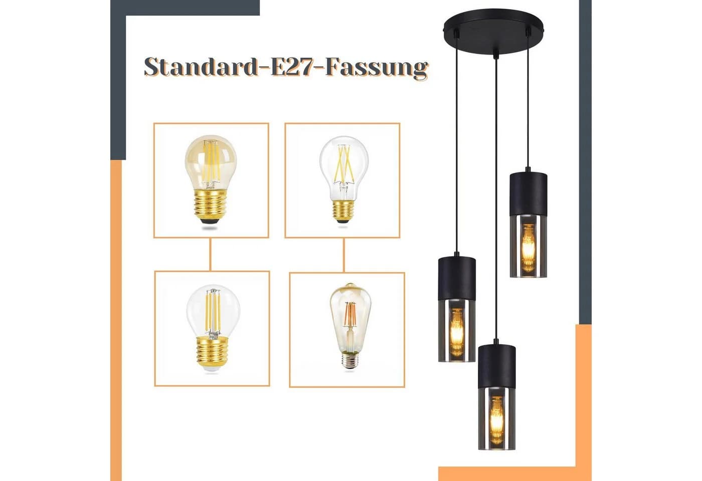 Nettlife Pendelleuchte Esszimmer Glas Vintage 3/4 flammig E14 Schwarz Retro Pendellampe