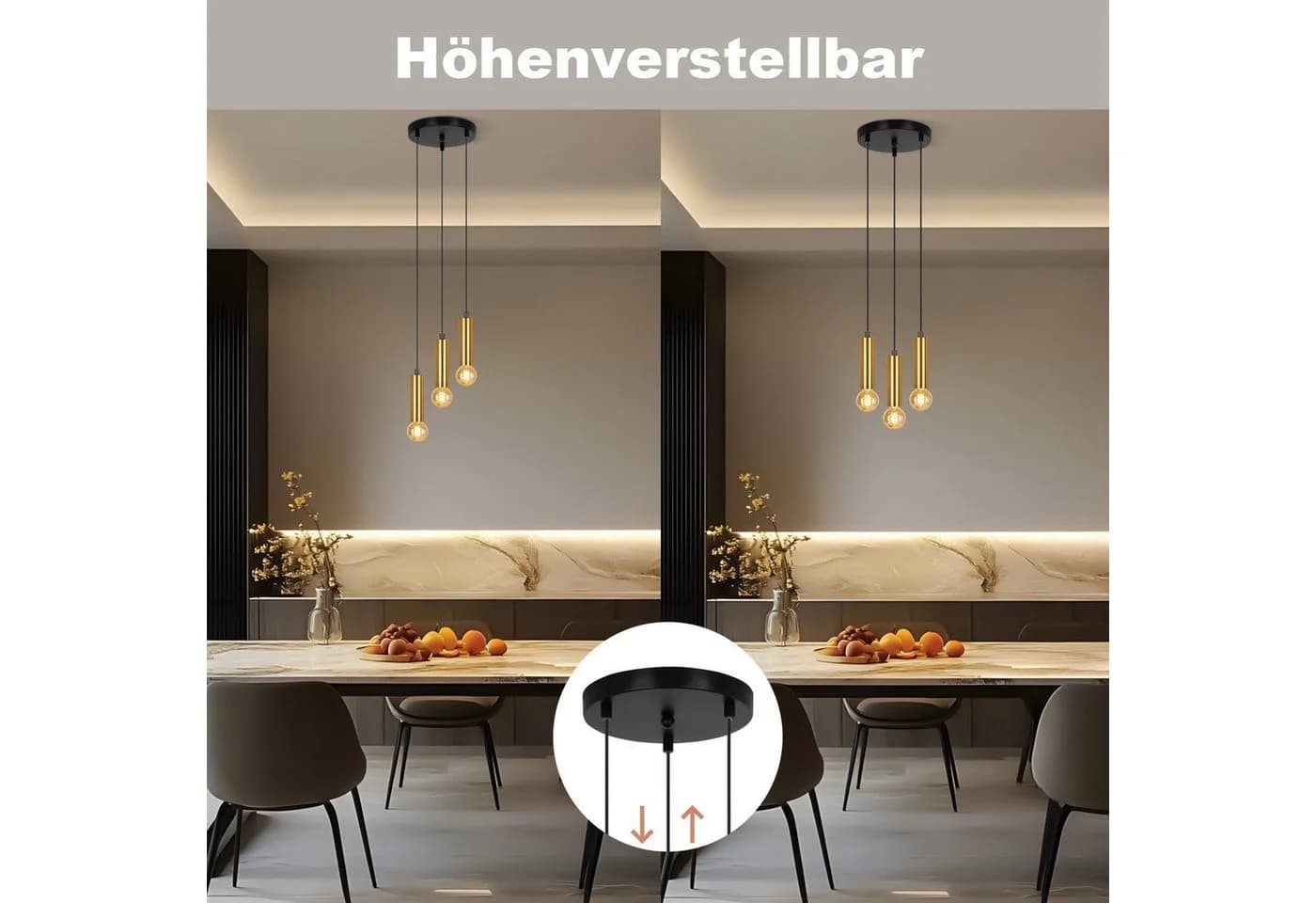 Nettlife Hängeleuchte Schwarz Gold E27 3-flammig Esstisch Pendelleuchte Industrial Metall - Bild 3